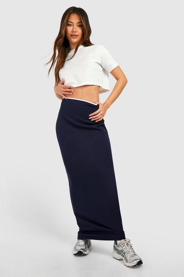 Black Contrast Binding Crepe Maxi Skirt navy