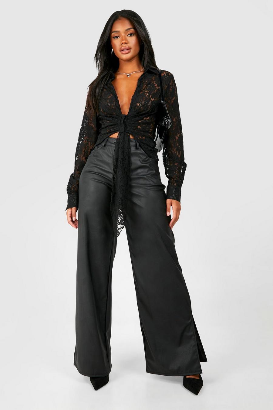 Black Leather Look Front Split Hem Pants