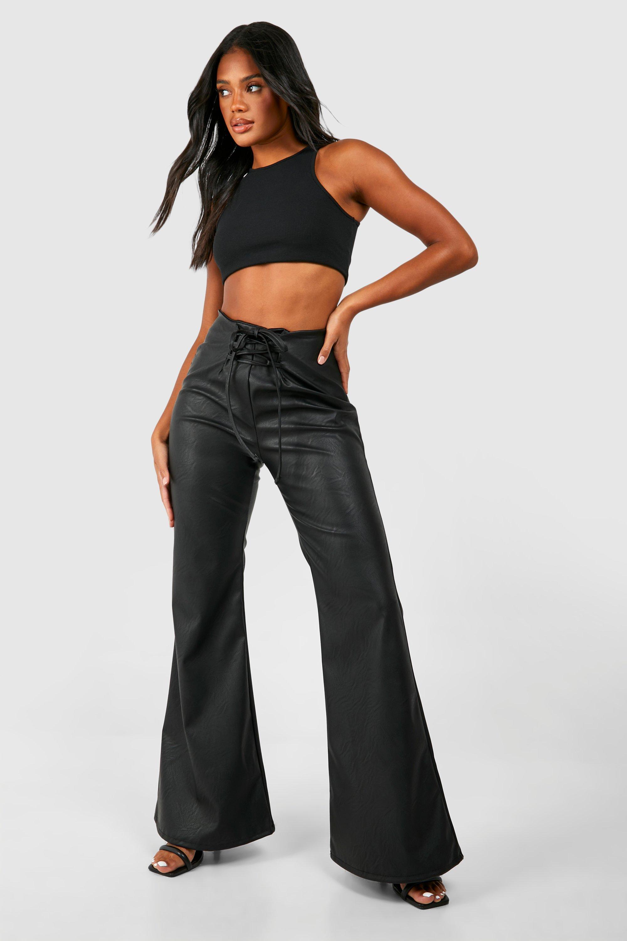 High Waisted Lace Up Leather Look Trousers