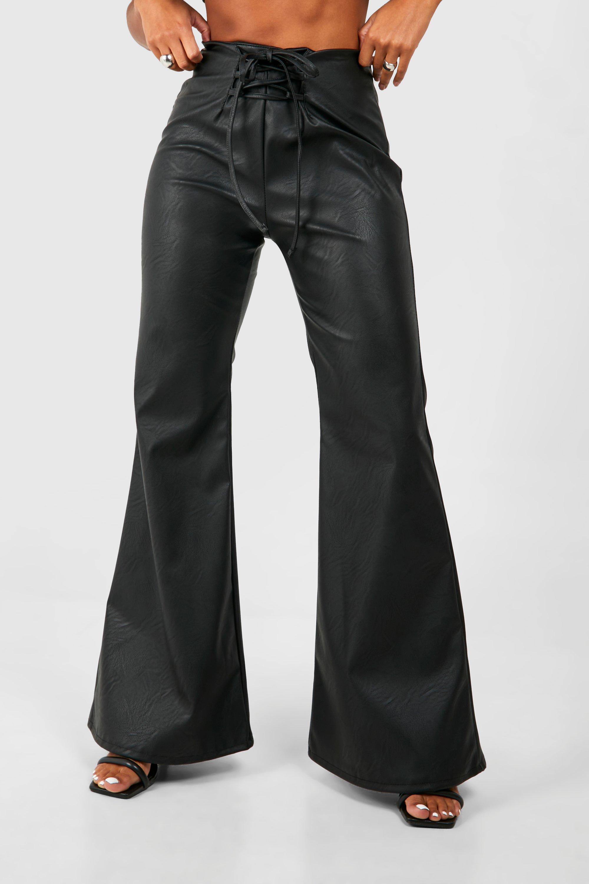 Black Faux Leather Lace Up Side Flared Pants