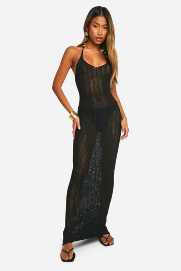 Bead Strap Detail Crochet Maxi Dress black