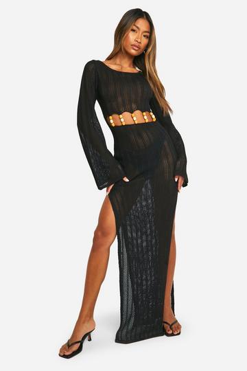 Wooden Bead Cut Out Detail Crochet Maxi Dress black