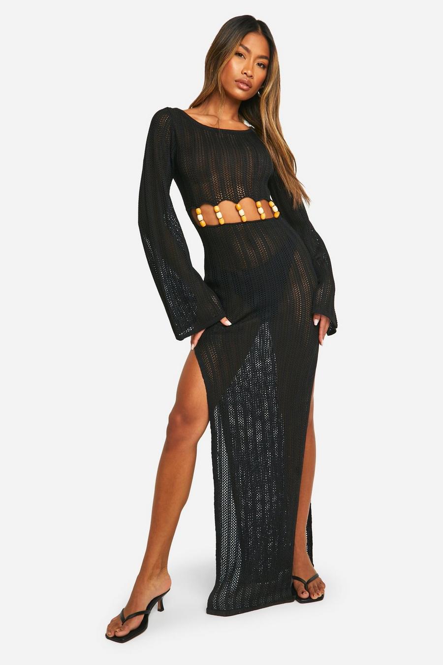 Black Wooden Bead Cut Out Detail Crochet Maxi Dress image number 1