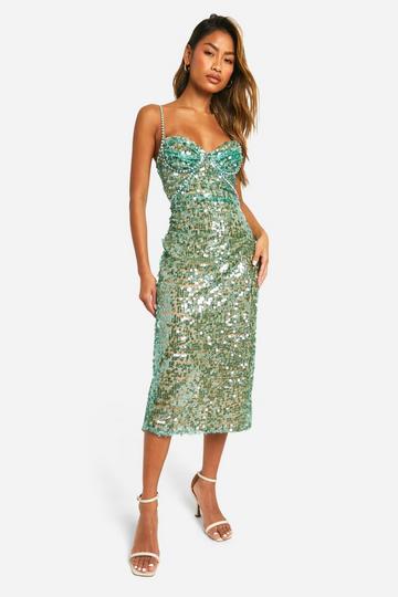 Sequin Diamate Trim Midi Dress sage