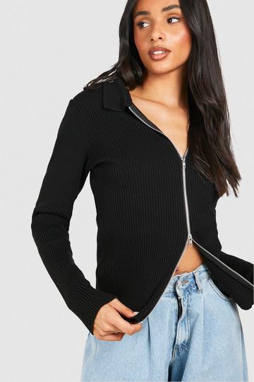 Tall Lightweight Knitted Zip Collar Cardigan black