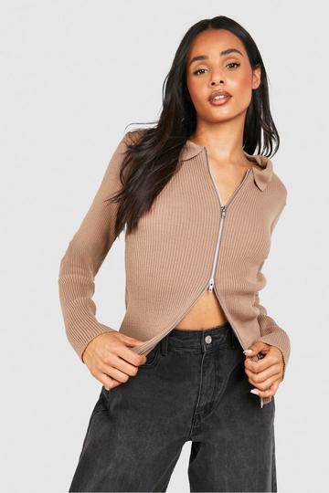 Tall Lightweight Knitted Zip Collar Cardigan mocha