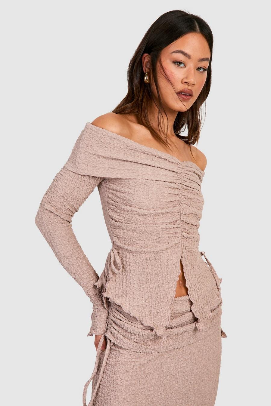 Mocha Tall Crinkle Off The Shoulder Ruched Detail Top