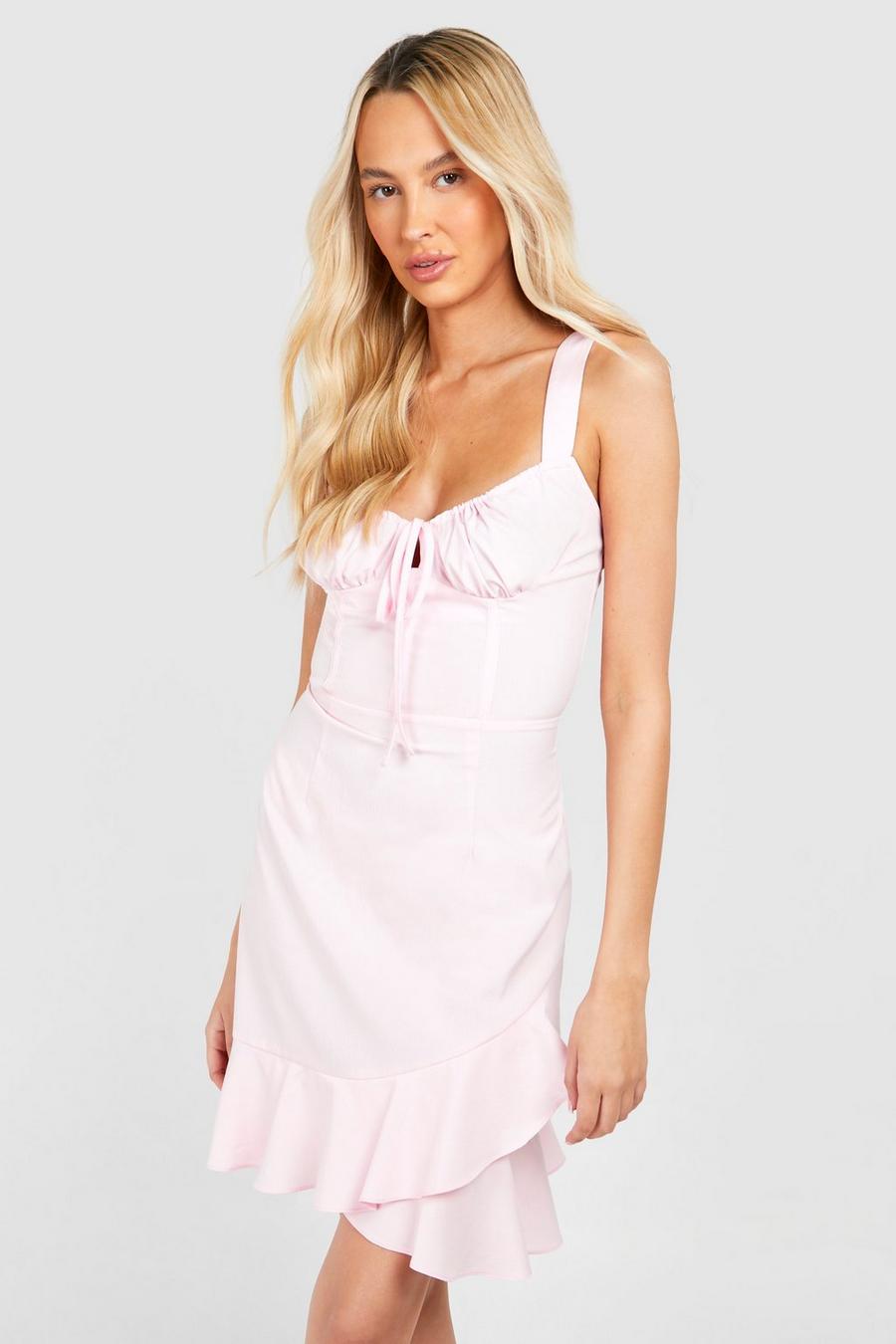Pink Tall Woven Milkmaid Ruffle Mini Dress image number 1