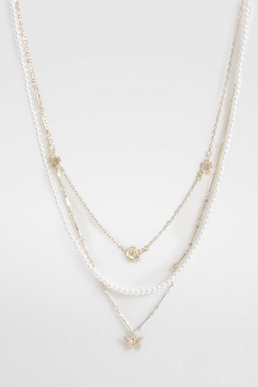 Multipaquete de collar de perlas y mariposas, Gold image number 1