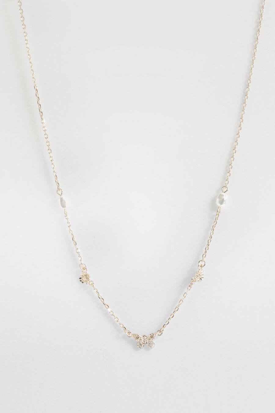 Gold Scattered Butterfly & Pearl Necklace