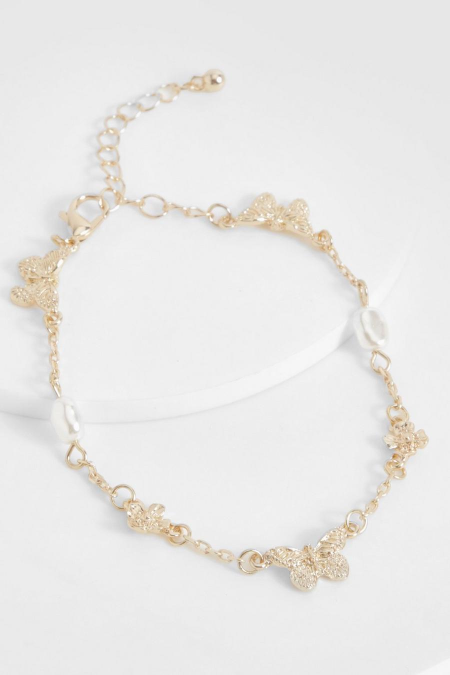Gold Armband med pärlor och fjärilar image number 1