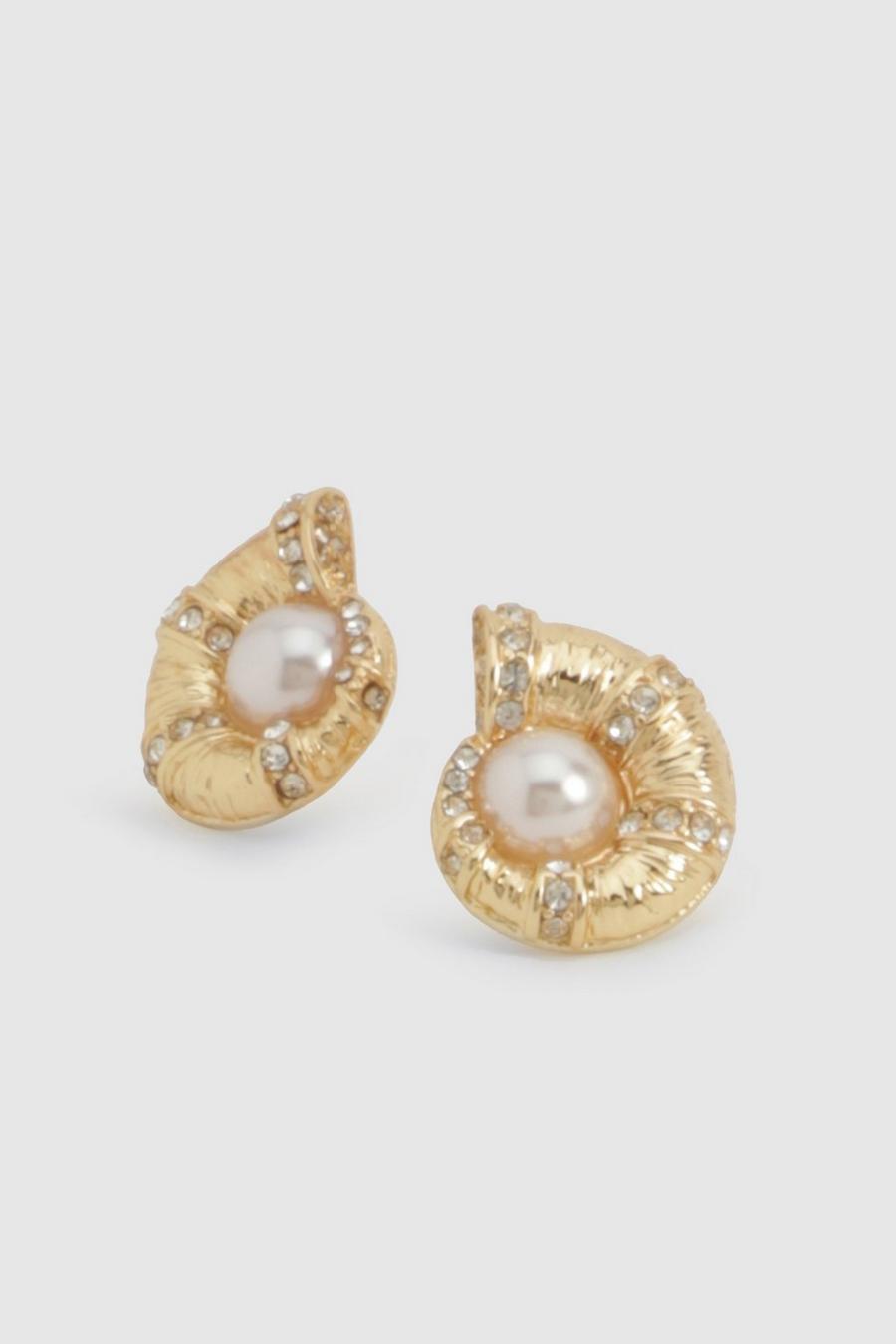 Gold Embellished Pearl Sea Shell Stud Earrings 