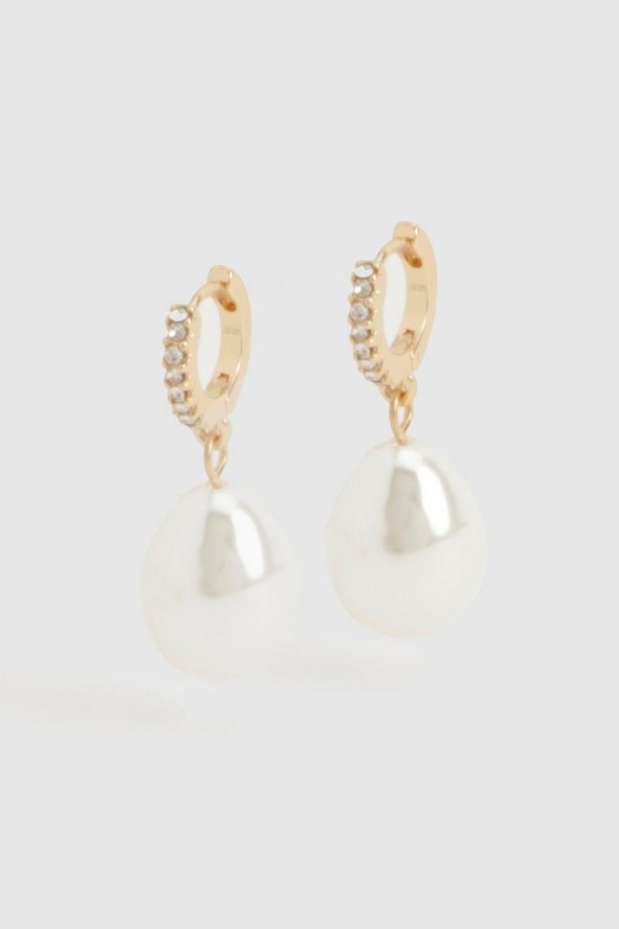 Gold Hooped Drop Pearl Earrings 