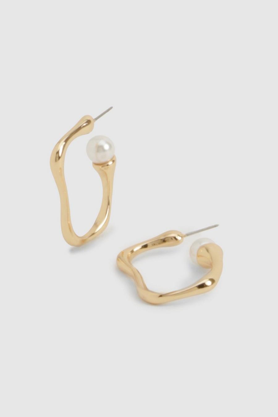 Gold Abstract Pearl Detail Hoop Earrings 