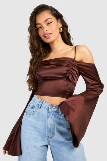 Satin Drape Flare Sleeve Top chocolate