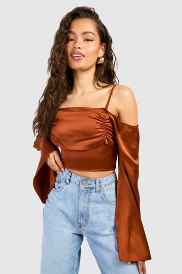 Satin Drape Flare Sleeve Corset Top rust