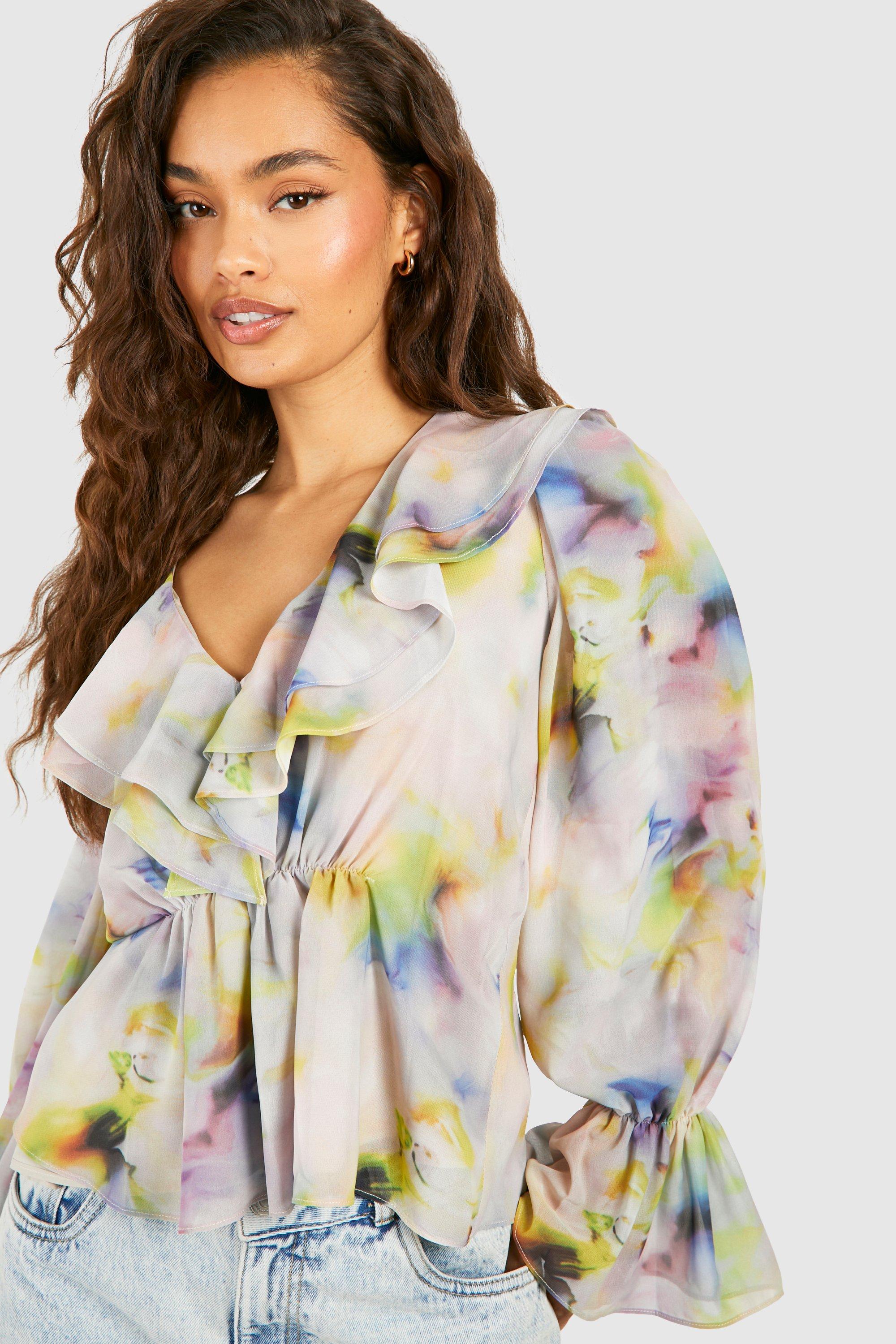 Blurred Floral Chiffon Ruffle Blouse | boohoo