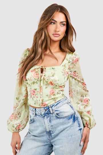 Green Floral Milkmaid Balloon Sleeve Top