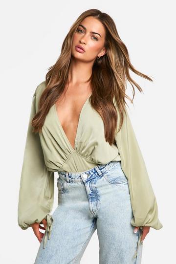 Balloon Sleeve Plunge Bodysuit sage