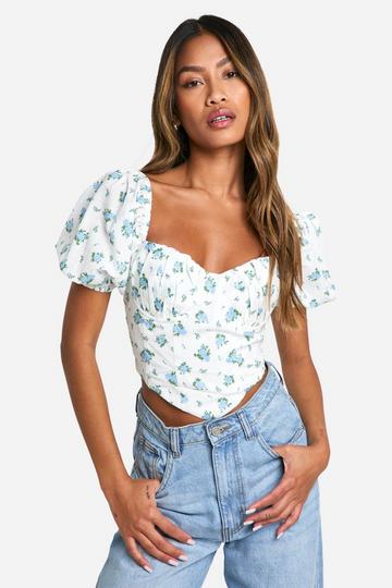 White Ditsy Floral Cotton Puff Sleeve Corset