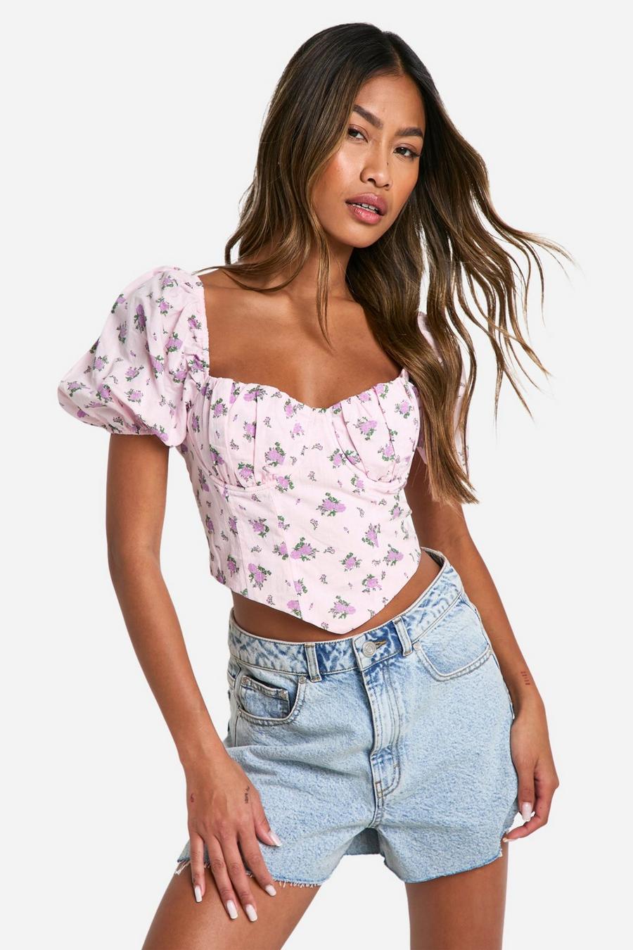 Pink Blurred Floral Puff Sleeve Corset 