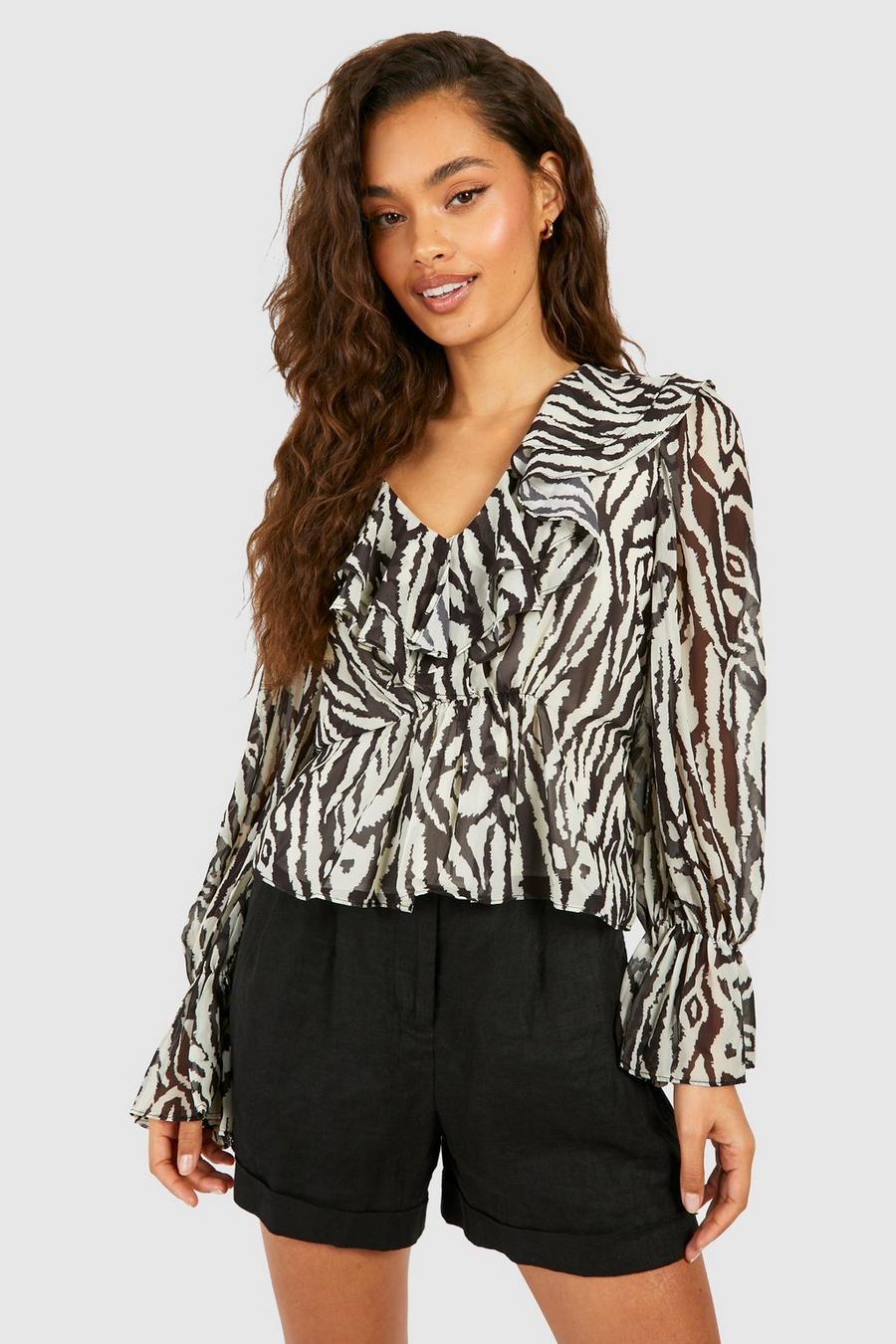 Blusa in raso zebrato con arricciature, Black image number 1