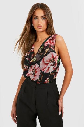 Red Floral Chiffon Cowl Cami