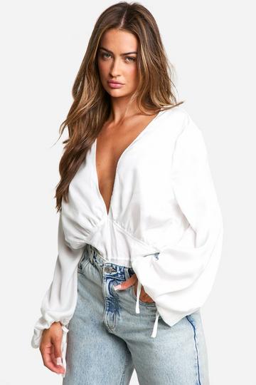 White Balloon Sleeve Plunge Bodysuit