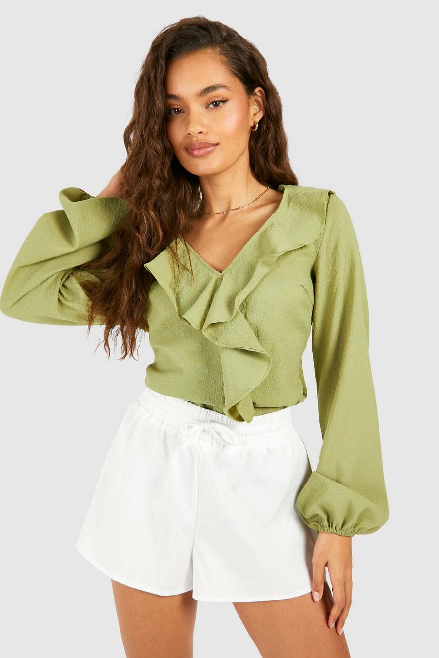 Olive Textured Ruffle Blouse  image number 1