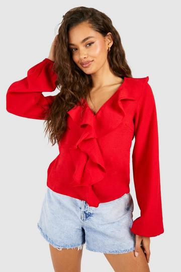 Textured Ruffle Tie Front Blouse red