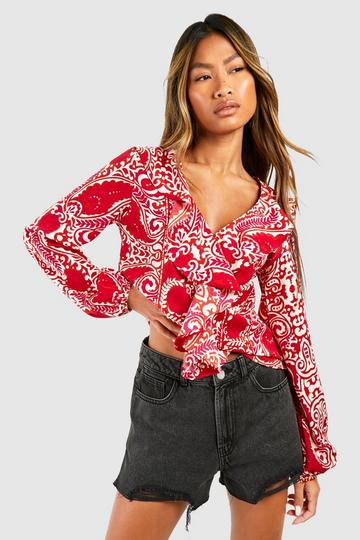 Paisley Ruffle Tie Front Blouse red