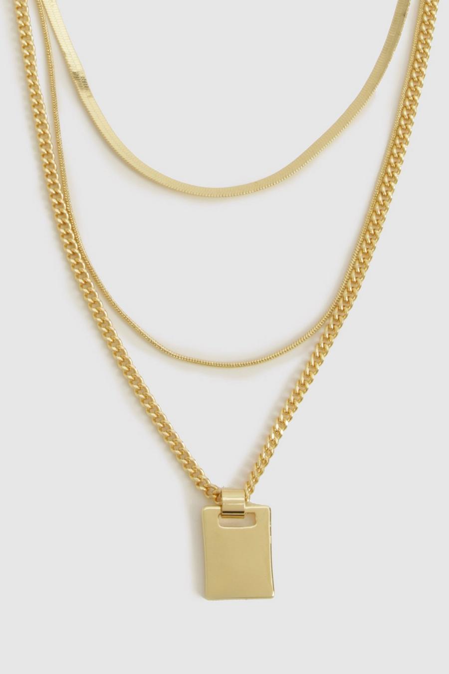 Gold Triple Chain Pendant Necklace 