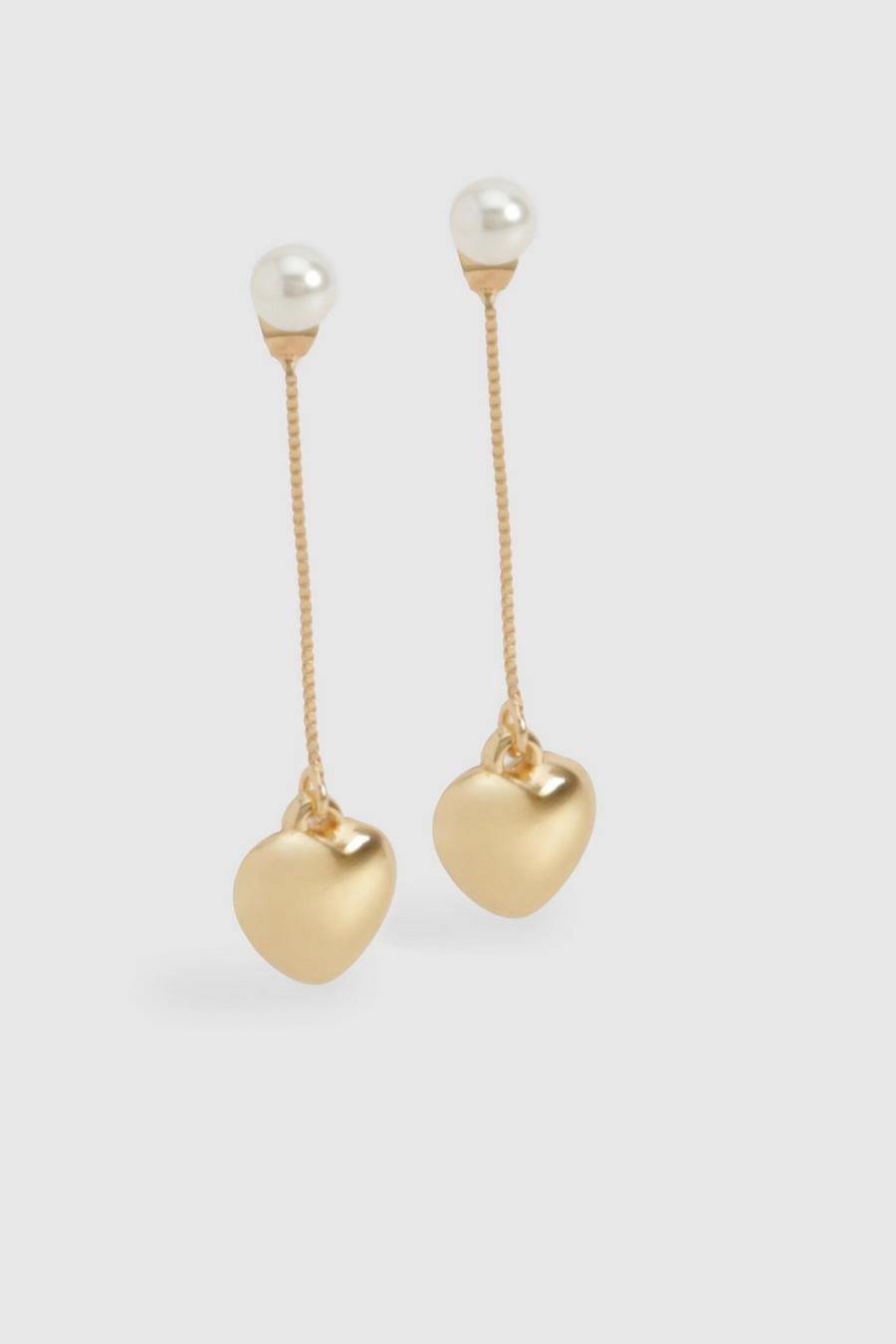Gold Pearl Heart Drop Earrings image number 1