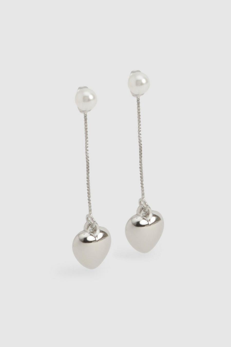 Silver Pearl Heart Drop Earrings