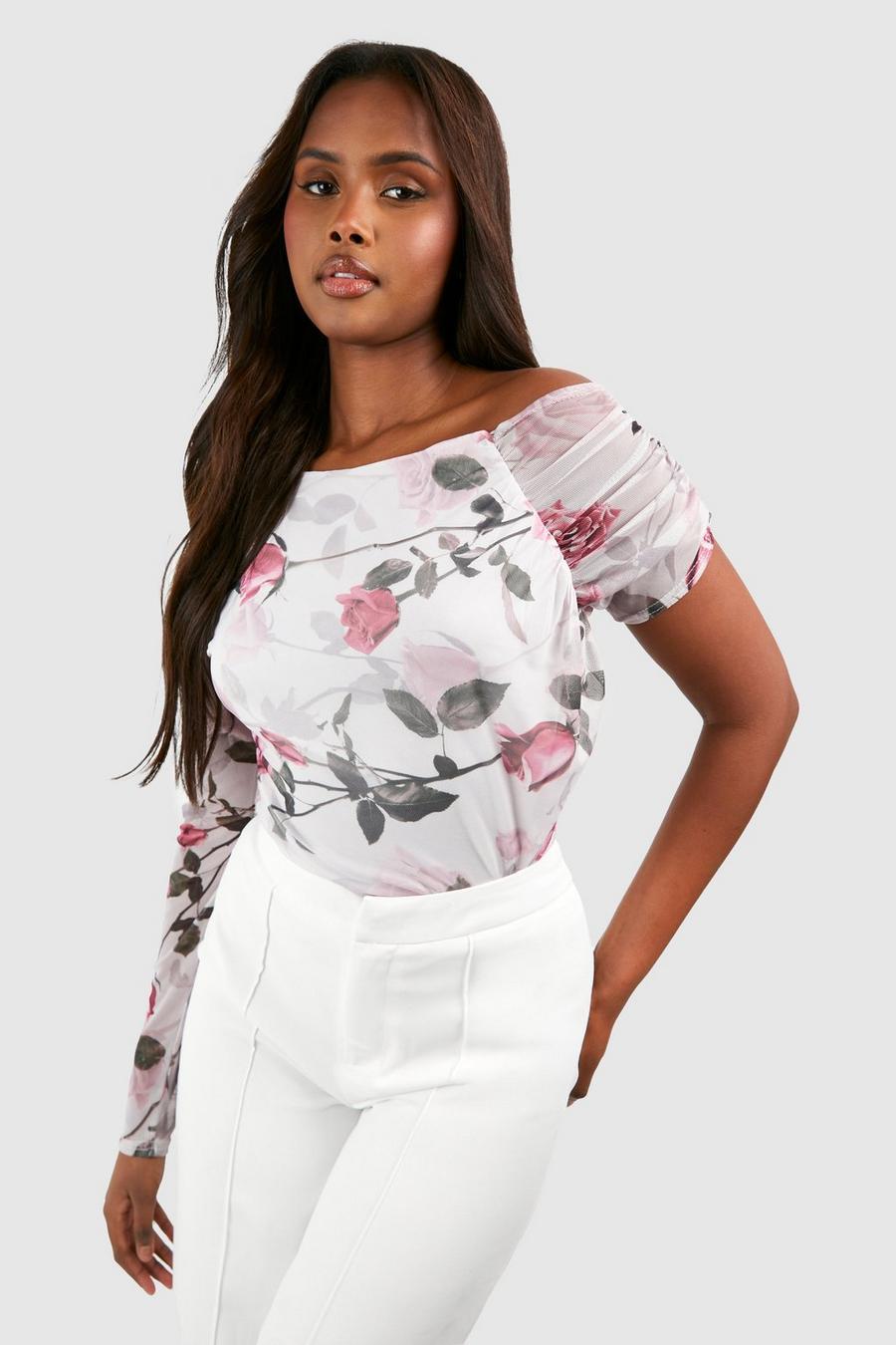 Pink Floral Asymmetric Gathered Mesh Top  image number 1