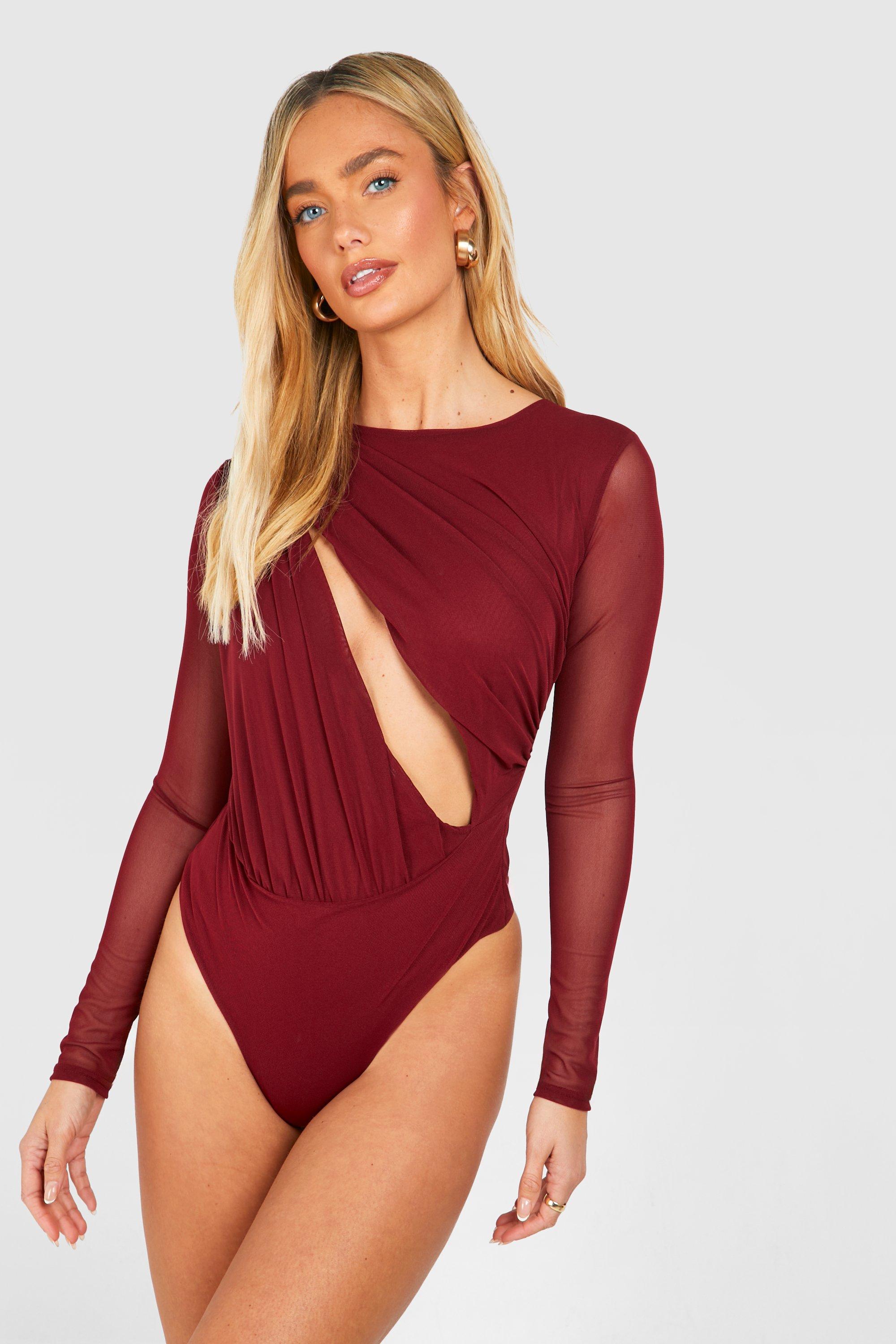 Burgundy Bodysuit - Mesh Ruched Bodysuit - Long Sleeve Bodysuit