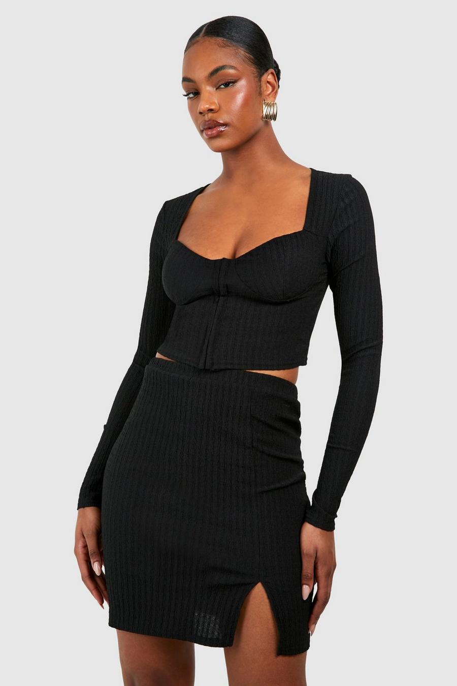 Top Tall effetto goffrato con dettagli stile corsetto & minigonna coordinata, Black image number 1