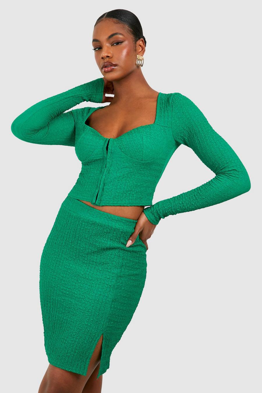 Top Tall effetto goffrato con dettagli stile corsetto & minigonna coordinata, Dark green image number 1