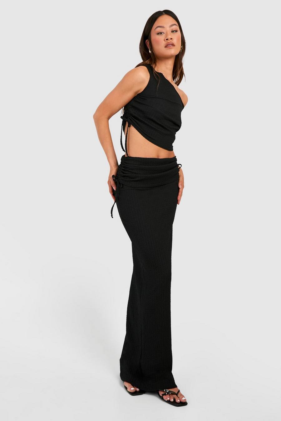 Black Tall Crinkle Asymmetric Top & Midi Skirt Two-Piece image number 1