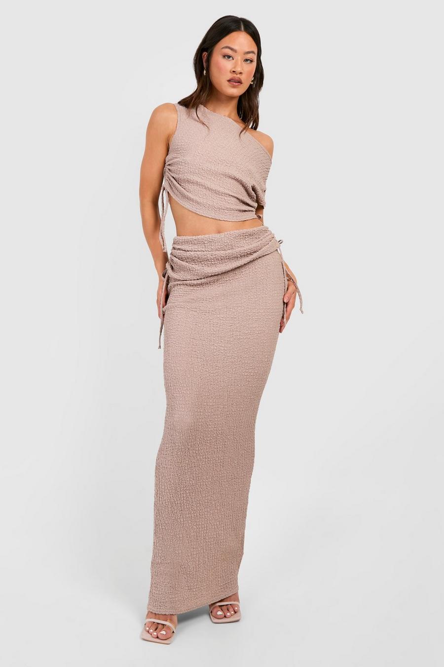Mocha Tall Crinkle Asymmetric Top & Midi Skirt Two-Piece image number 1