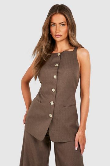 Textured Mock Horn Button Front Longline Waistcoat mocha