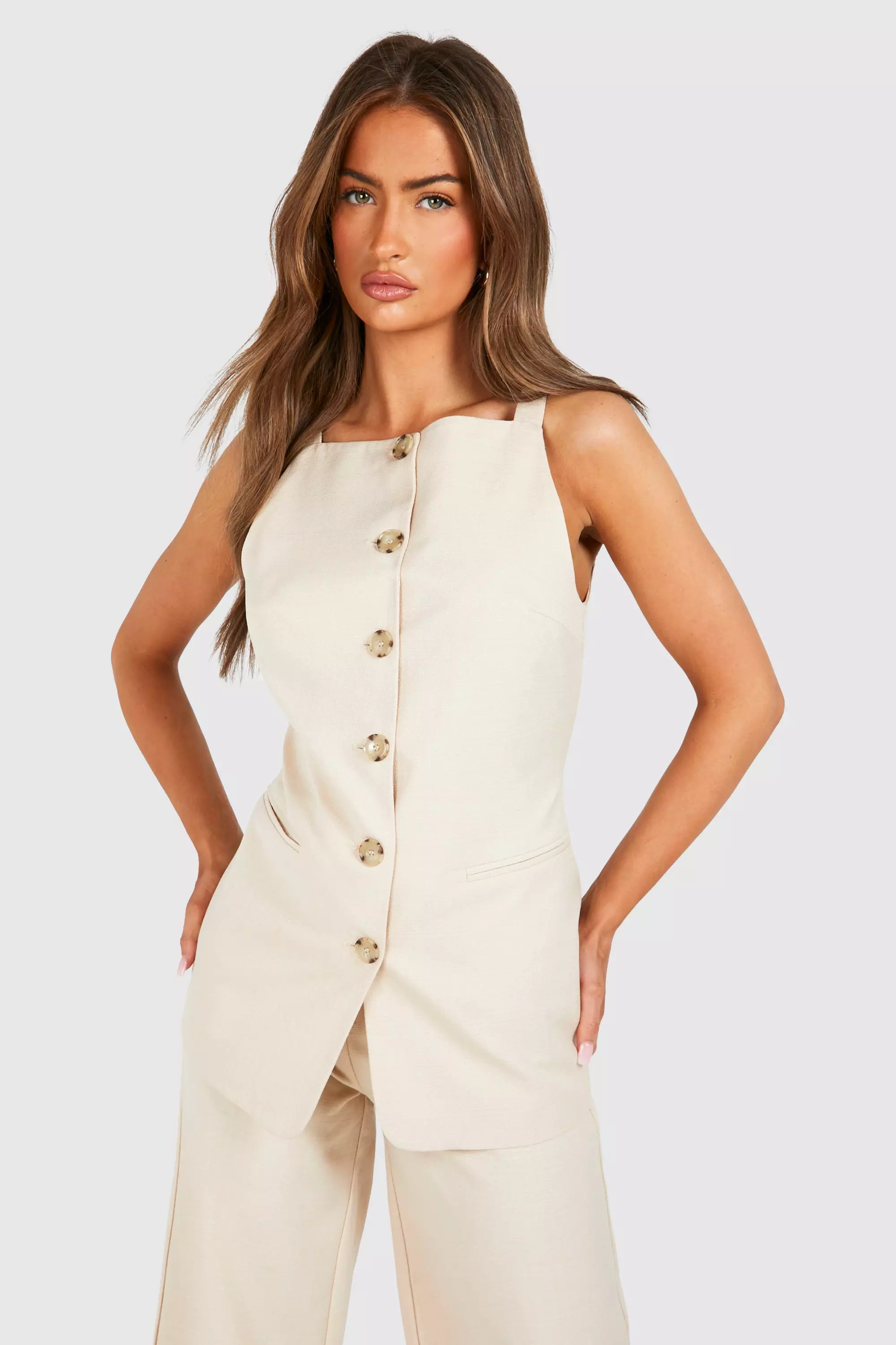Sand Textured Mock Horn Button Front Longline Waistcoat alternative image