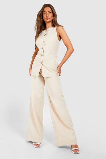 Sand Beige Textured Straight Leg Trousers