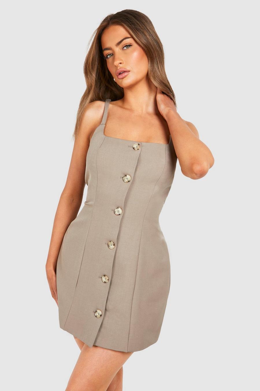 Mocha Mock Horn Button Front Fitted Mini Dress