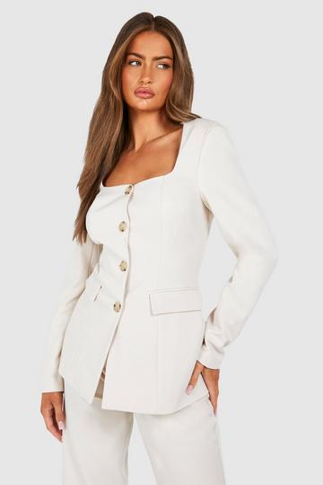 Ecru White Square Neck Button Front Fitted Blazer