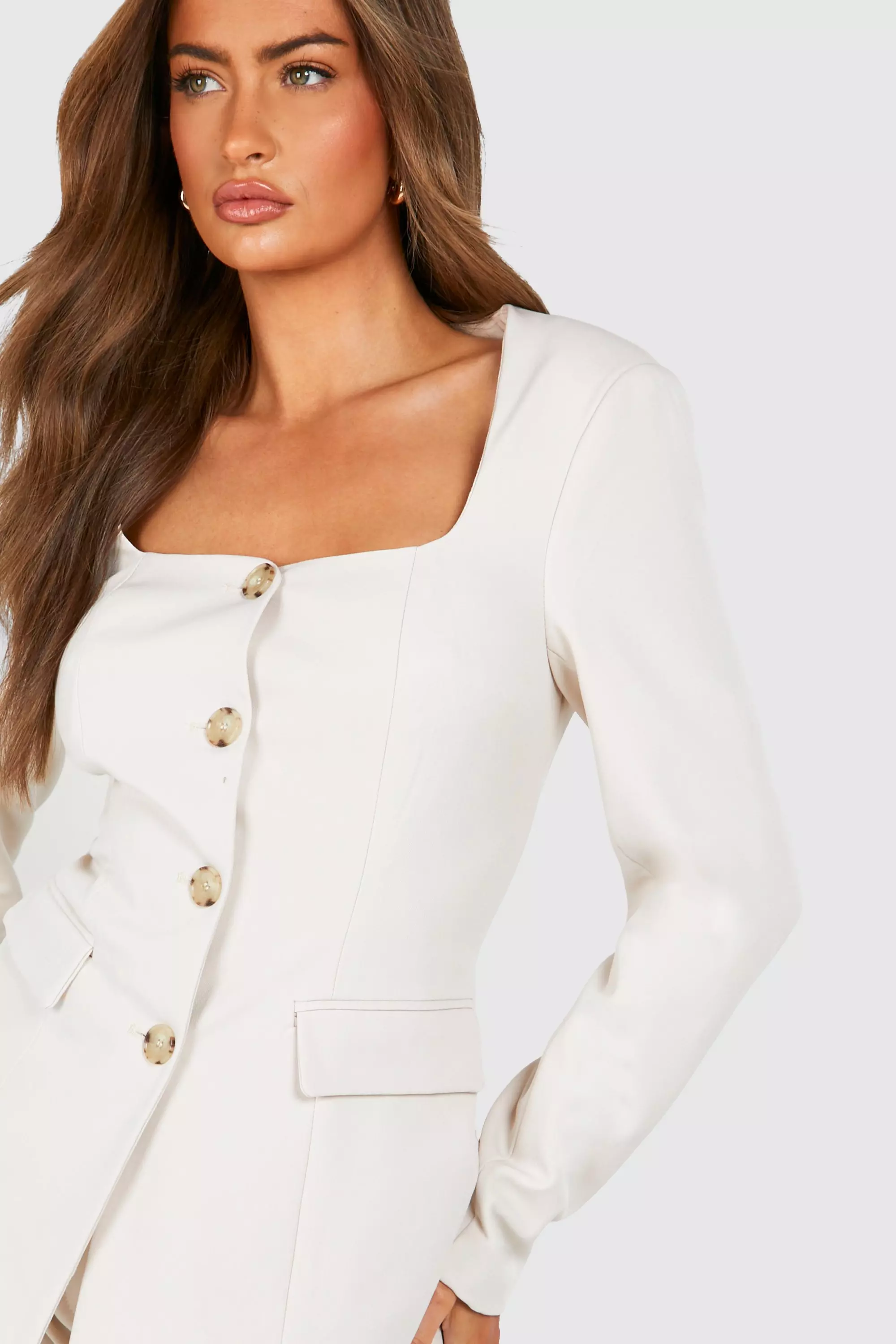 Ecru Square Neck Button Front Fitted Blazer alternative image