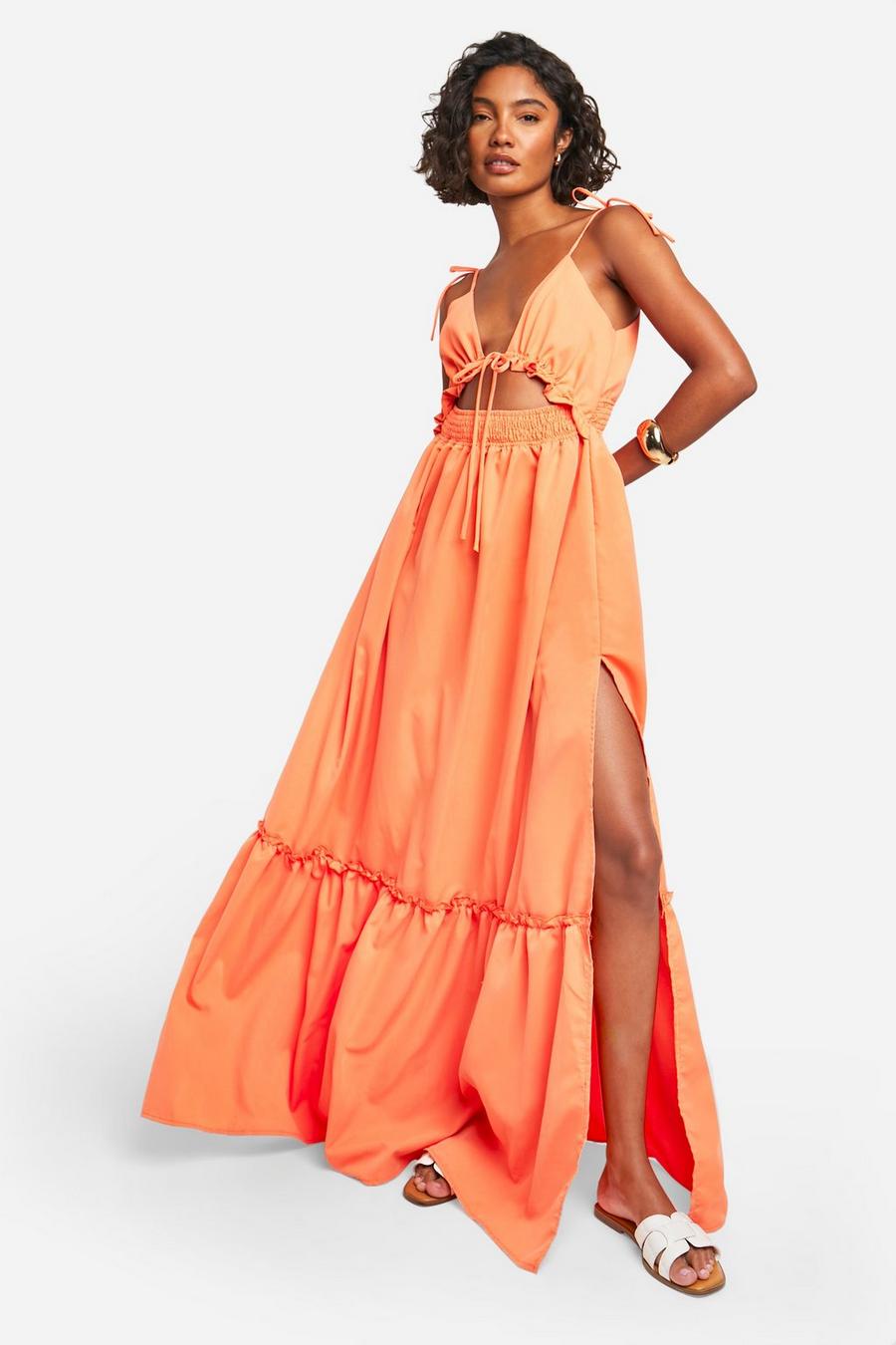 Orange Tall Woven V Neck Strappy Tiered Maxi Dress