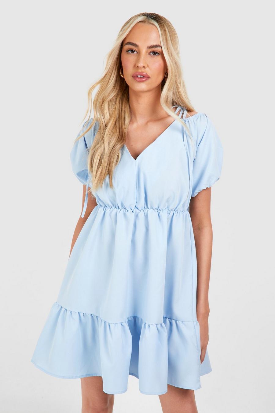 Baby blue Tall Woven V Neck Tiered Smock Dress image number 1