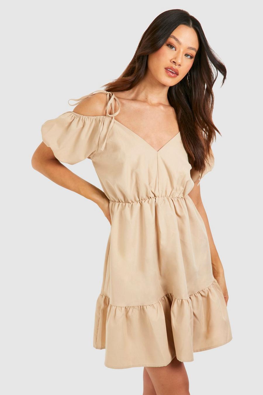 Stone Tall Woven V Neck Tiered Smock Dress