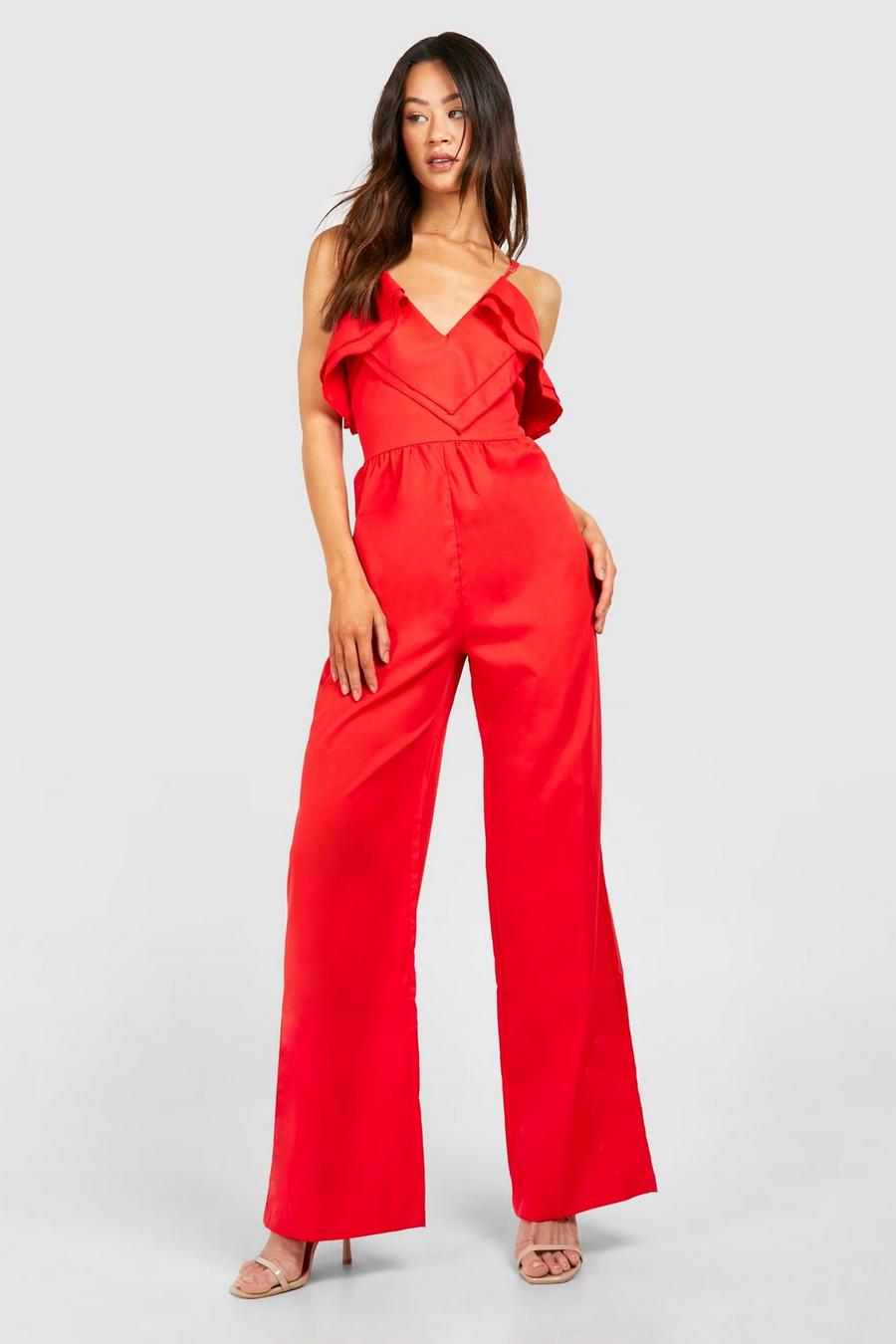 Red Tall Frill Wrap Wide Leg Jumpsuit  image number 1